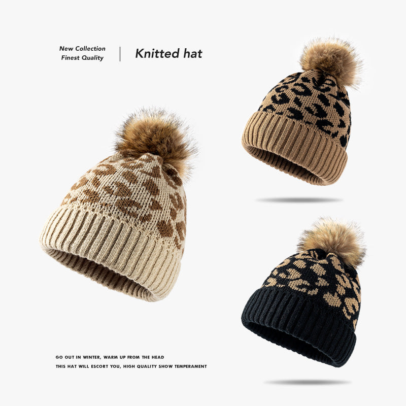 Fashion Leopard Pattern Curled Wool Ball Knitted Beanie