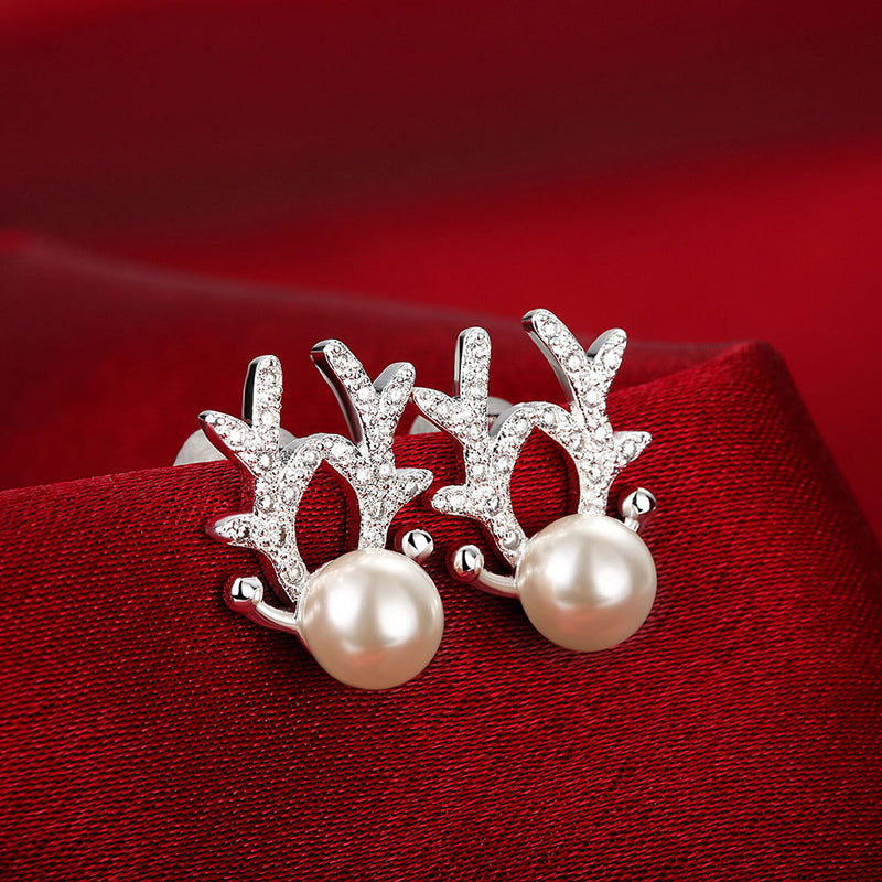Christmas Zircon Pearl Deer Earrings