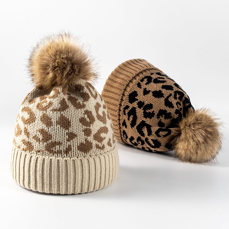 Fashion Leopard Pattern Curled Wool Ball Knitted Beanie