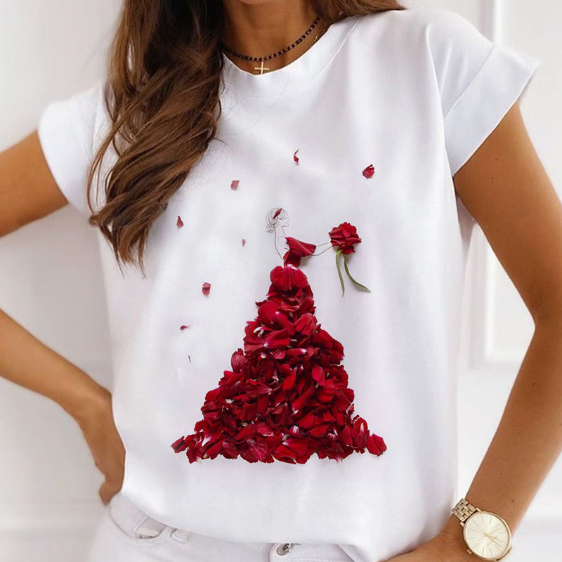 Style W : Flower Fashion Femal White T-Shirt