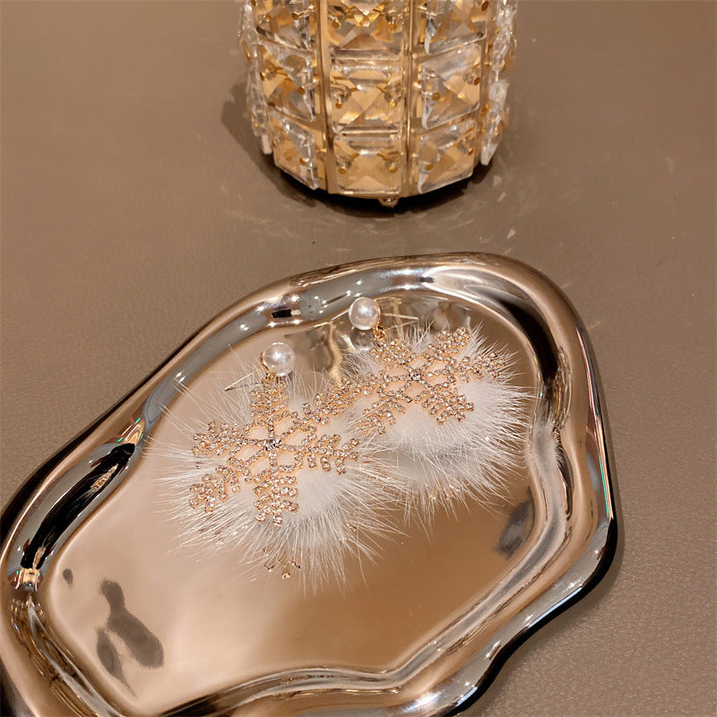 Christmas Fluffy Snowflake Zircon Pearl Earrings