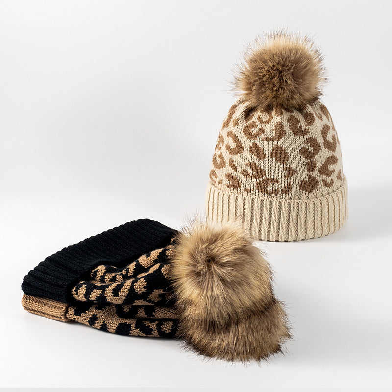 Fashion Leopard Pattern Curled Wool Ball Knitted Beanie