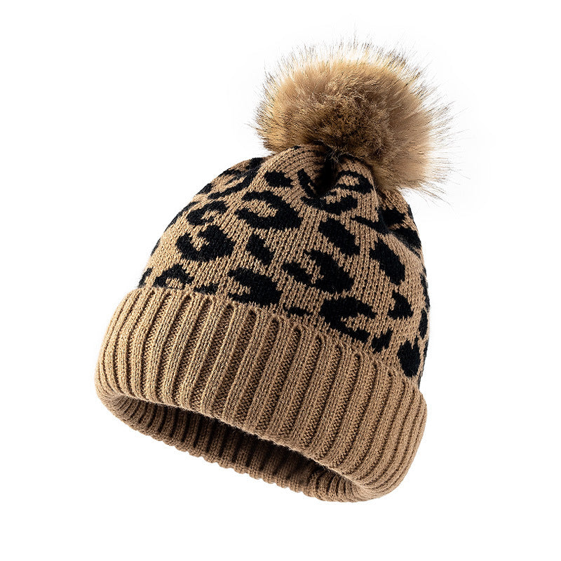 Fashion Leopard Pattern Curled Wool Ball Knitted Beanie