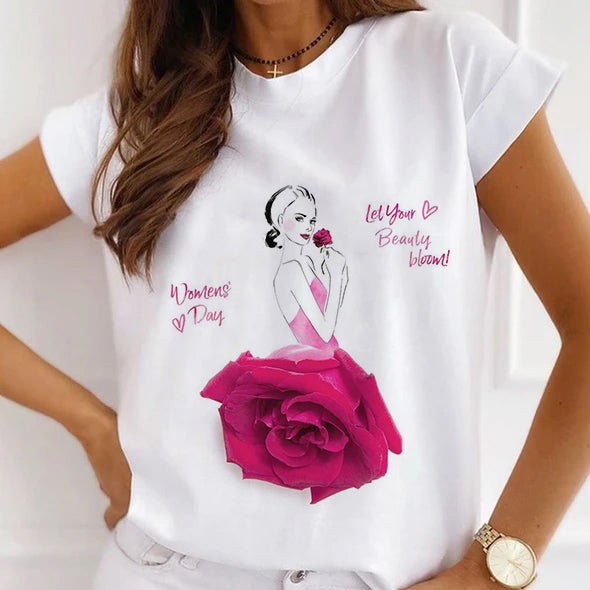 Style K£ºBeautiful Flowers Women White T-Shirt