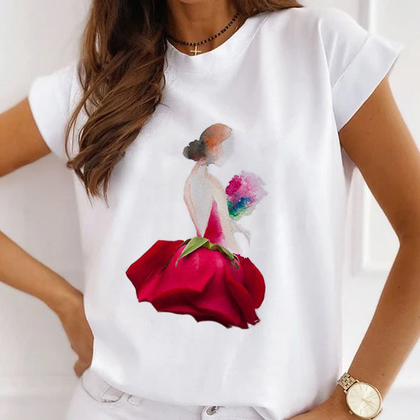 Style Q£ºBeautiful Flowers Women White T-Shirt