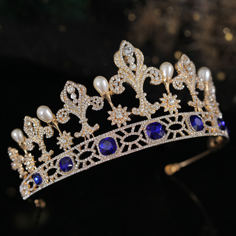 Vintage Gold Blue Crystal Bridal Tiaras Pearl Crown Set