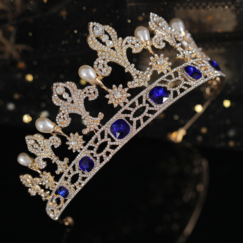 Vintage Gold Blue Crystal Bridal Tiaras Pearl Crown Set
