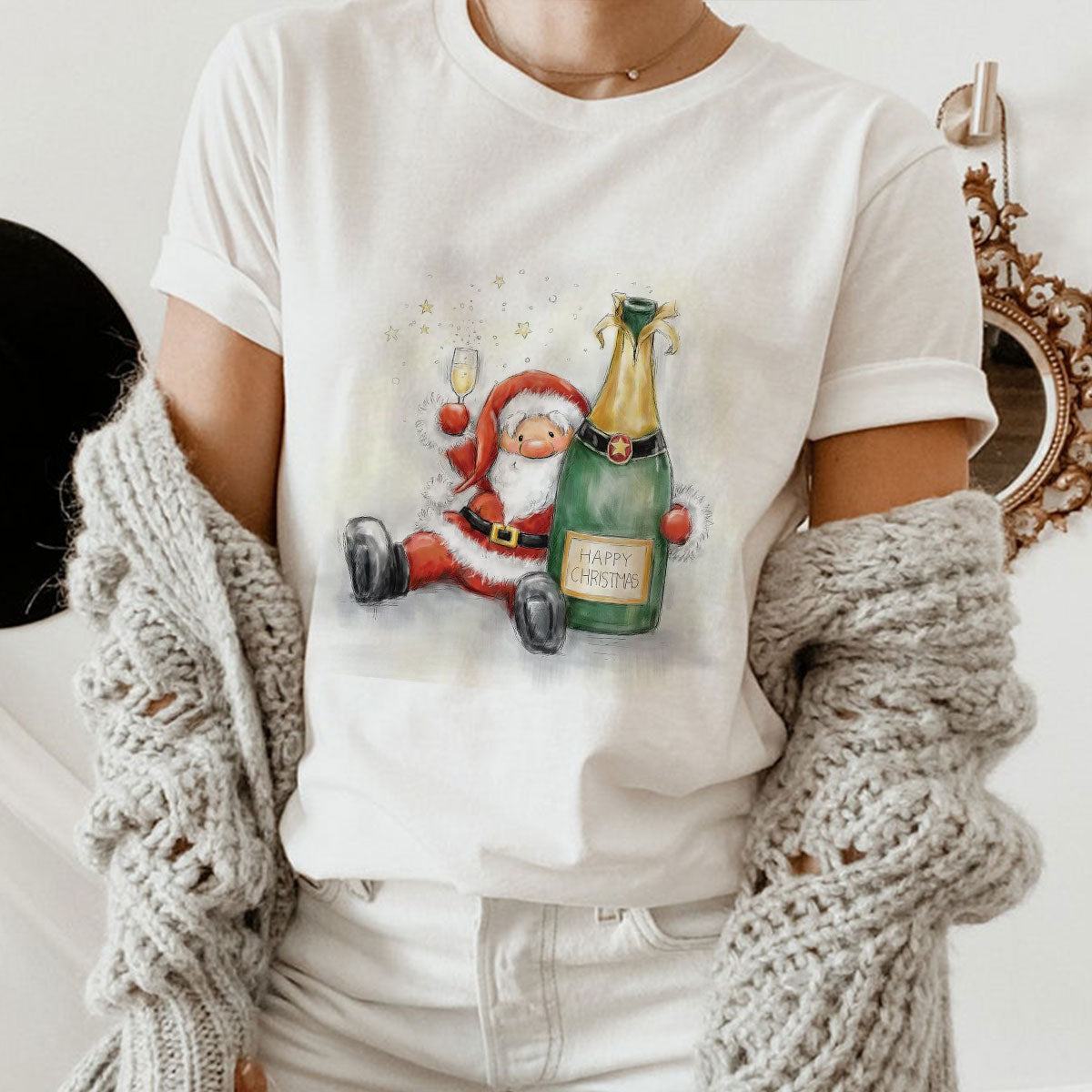 Hello Christmas Women White T-Shirt V