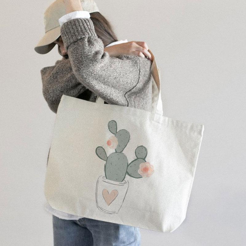 PINK HEART CACTUS CANVAS BAG