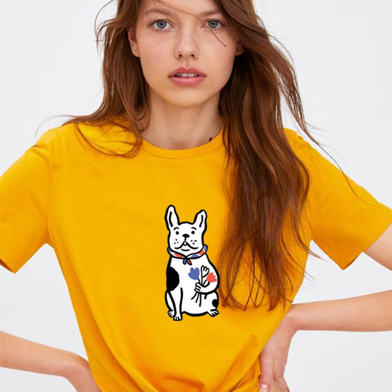 Bulldog With Flowers Cotton Tee