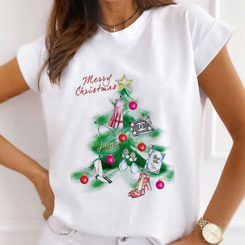 2021 Beautiful Christmas Women White T-Shirt V