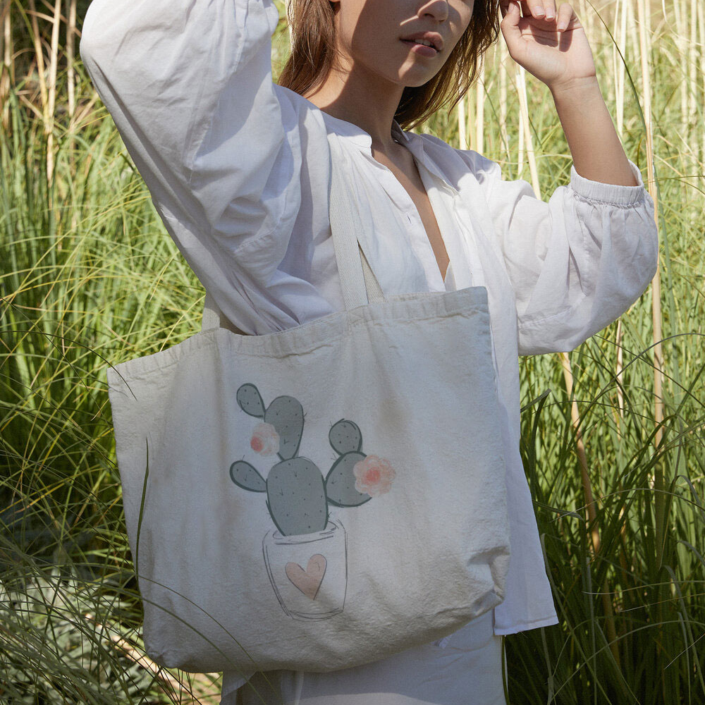 PINK HEART CACTUS CANVAS BAG
