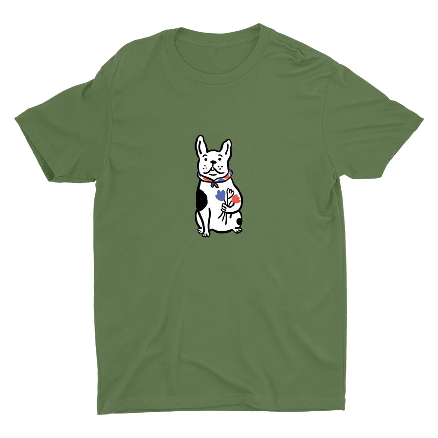 Bulldog With Flowers Cotton Tee