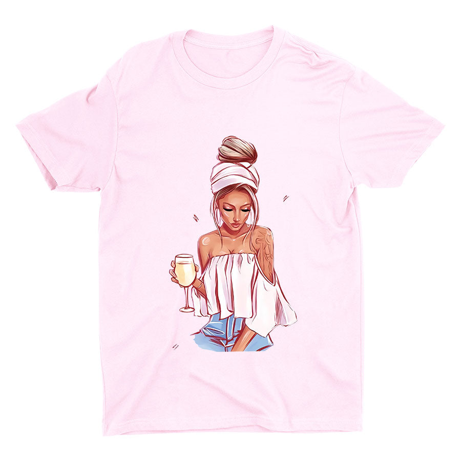 Cute Girl With Wine Cotton Tee