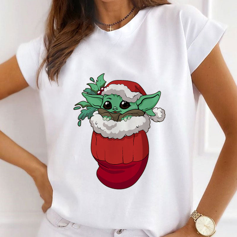 Printed Christmas White Shirt For Ladies P