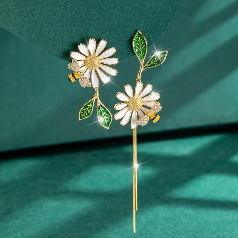 Gold Bee And Daisy Dangle Earrings