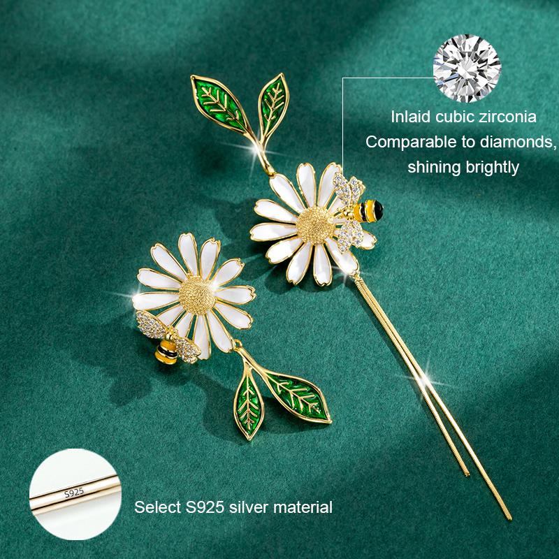 Gold Bee And Daisy Dangle Earrings