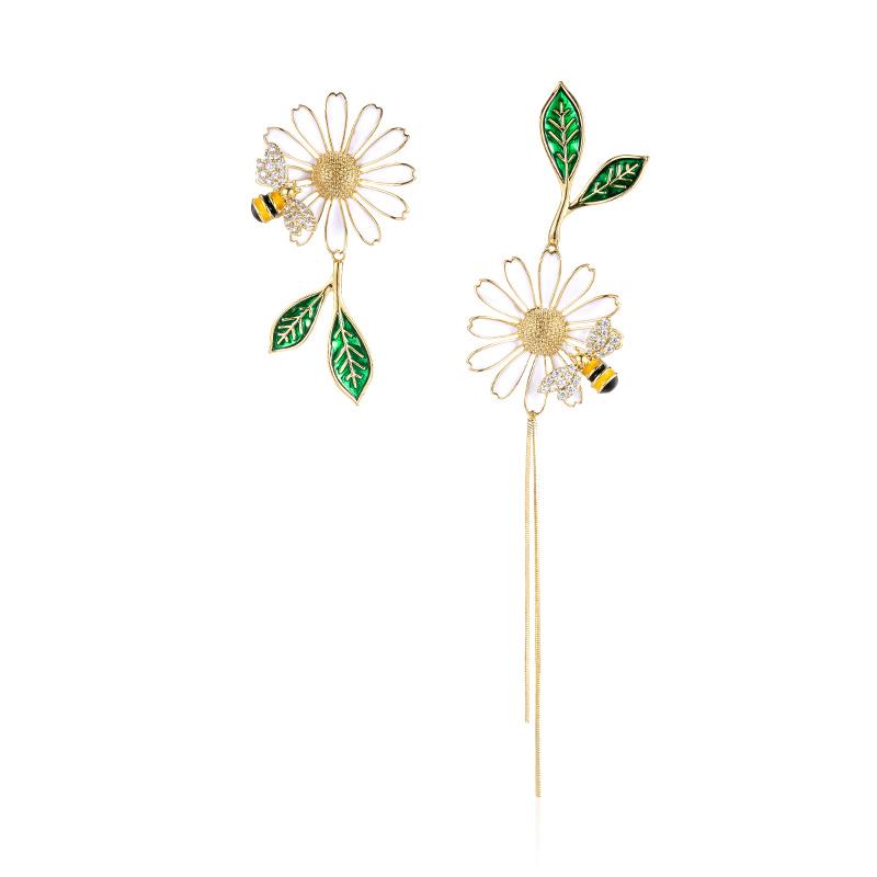 Gold Bee And Daisy Dangle Earrings