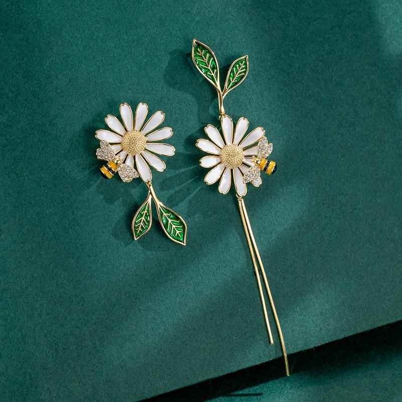 Gold Bee And Daisy Dangle Earrings