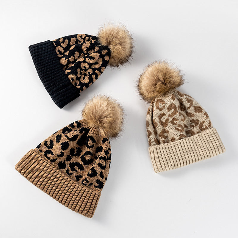Fashion Leopard Pattern Curled Wool Ball Knitted Beanie