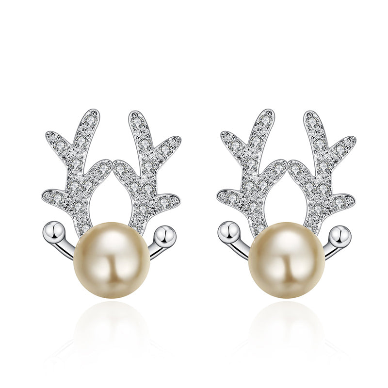 Christmas Zircon Pearl Deer Earrings