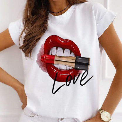 Stylish Custom Red Lip Women White T-Shirt