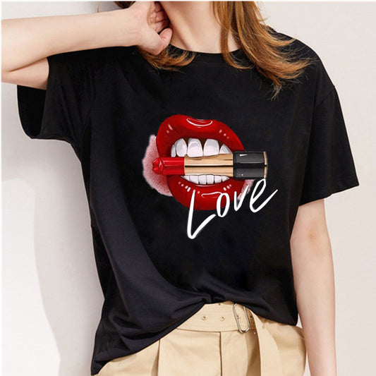 Sexy Red Lip Style A T-shirt Black Women