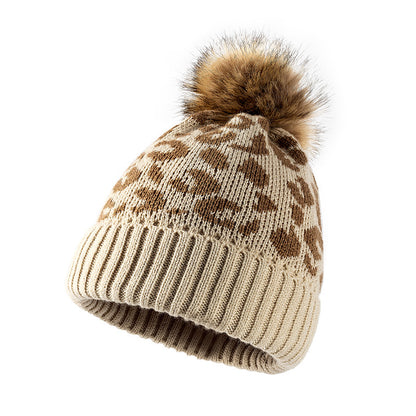 Fashion Leopard Pattern Curled Wool Ball Knitted Beanie