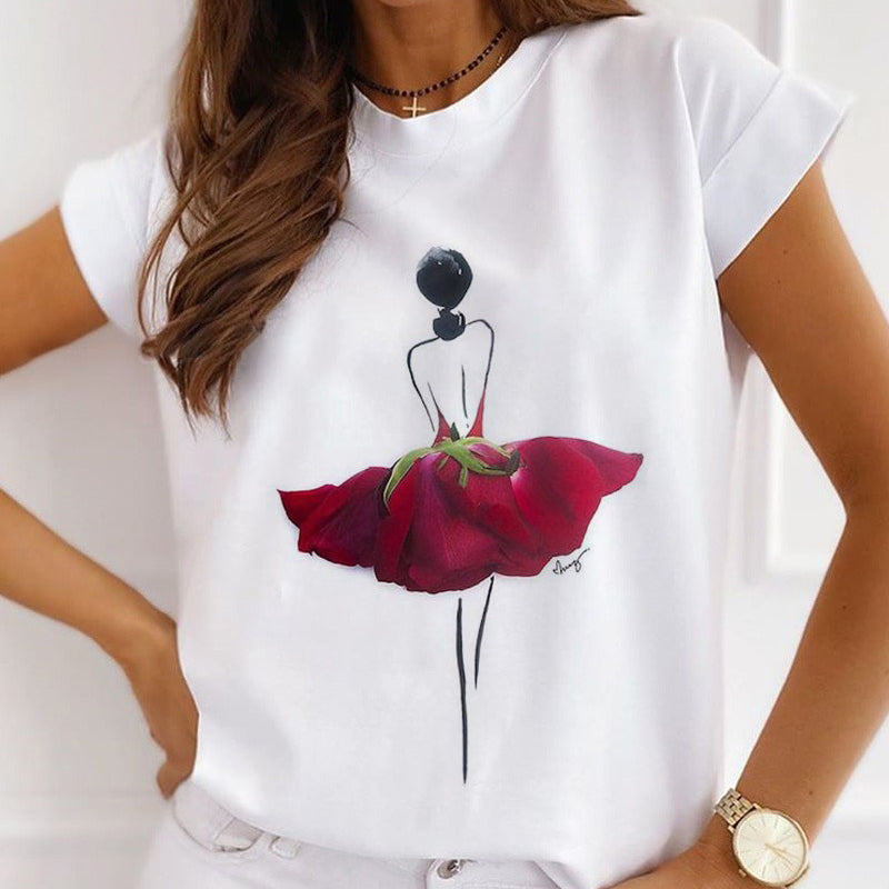 Fashion Custom Flower Woman White T-shirt