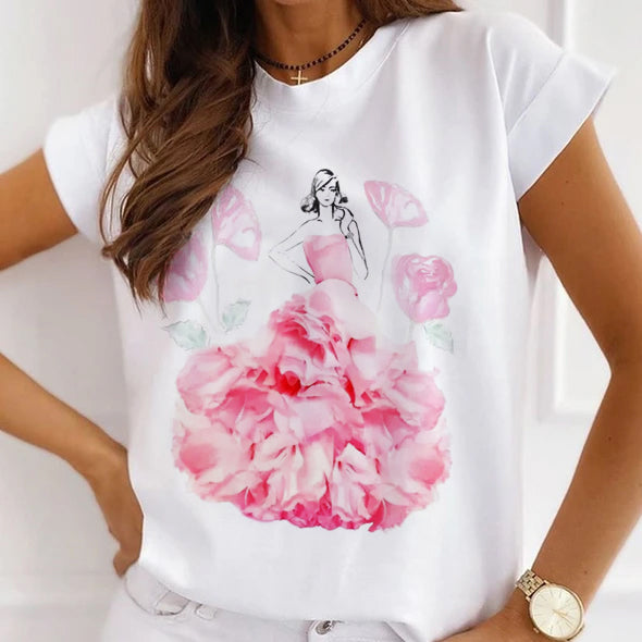 Style O£ºBeautiful Flowers Women White T-Shirt