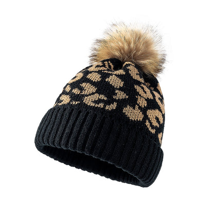 Fashion Leopard Pattern Curled Wool Ball Knitted Beanie