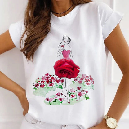 Style X£ºBeautiful Flowers Women White T-Shirt