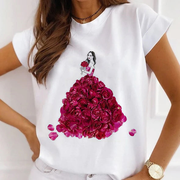 Style III£ºBeautiful Flowers Women White T-Shirt