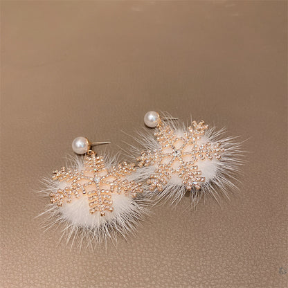 Christmas Fluffy Snowflake Zircon Pearl Earrings
