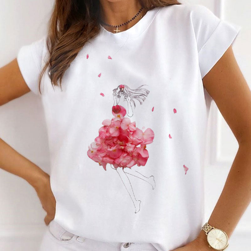 Style H£ºBeautiful Dresses With Flowers Women White T-Shirt