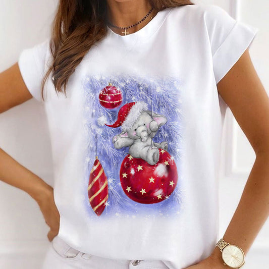 2021 Christmas Fashion Women White T-Shirt V