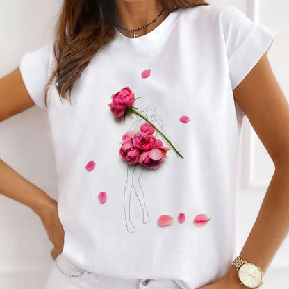 Style N£ºBeautiful Dresses With Flowers Women White T-Shirt