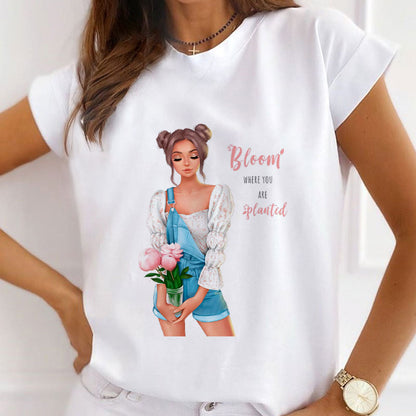 Style H£º Lady In Floral Dress Women White T-Shirt