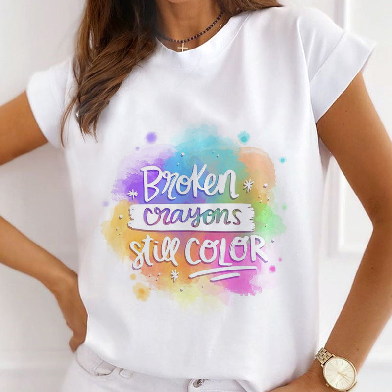 Style C£º Colorful Blooming Font Female White T-Shirt