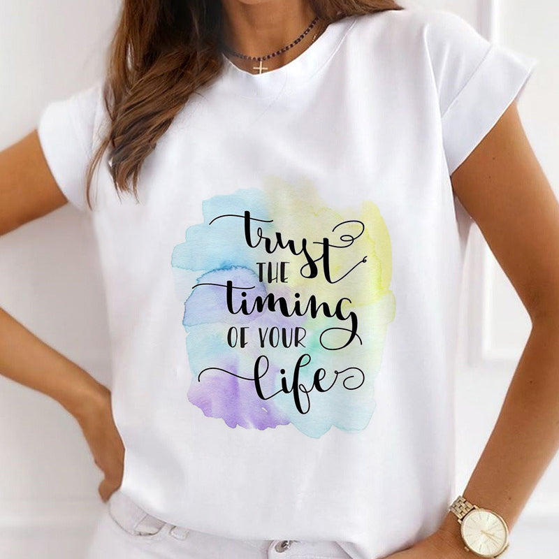 Style G£º Colorful Blooming Font Female White T-Shirt