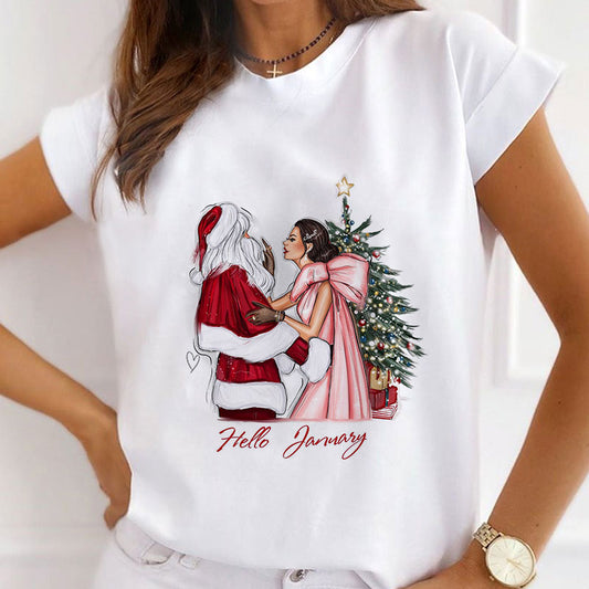 Hello Christmas Women White T-Shirt A