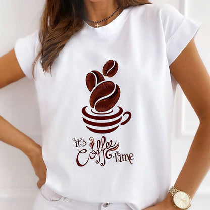 Style A :    Coffee Time Round Neck Women White  T-Shirt