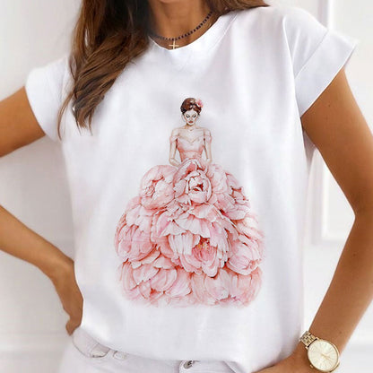 Style M£º Lady In Floral Dress Women White T-Shirt