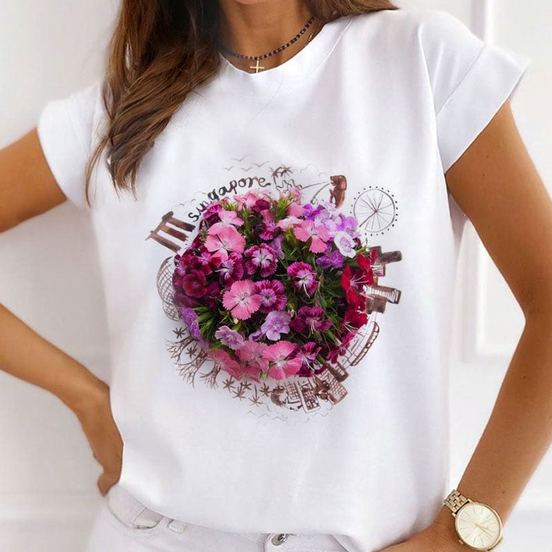 Style O£ºBeautiful Dresses With Flowers Women White T-Shirt