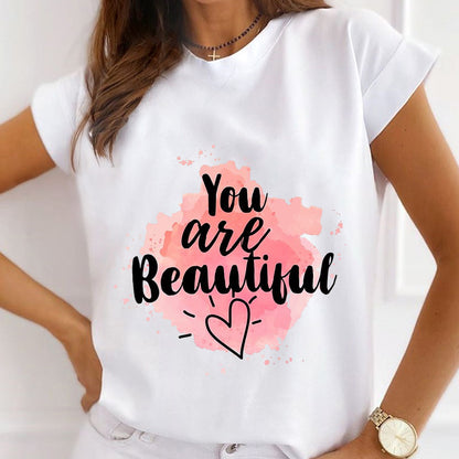 Style H£º Colorful Blooming Font Female White T-Shirt