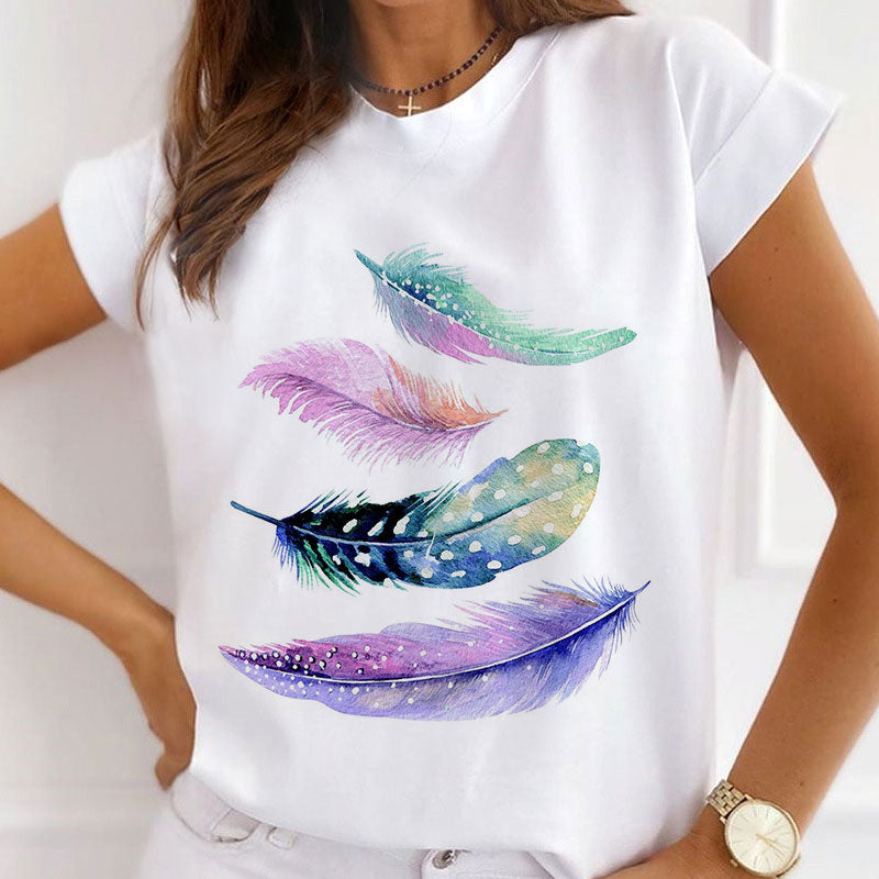 Style A :    Beautiful Feather Women White T-Shirt