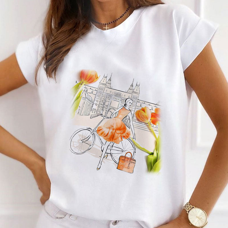 Style W£ºFlower and Girl White T-Shirt