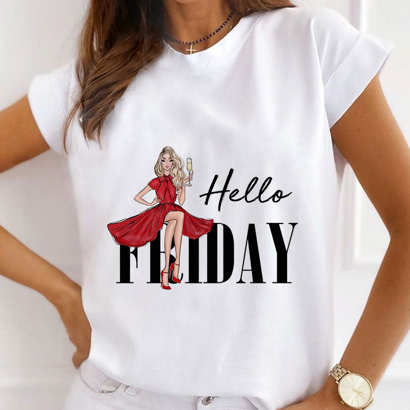 Hello ¡±Friday¡° Women White T-shirt F