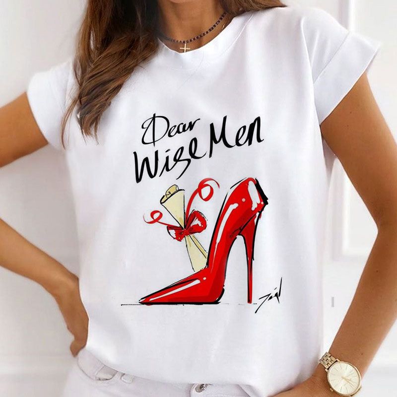 Style L : Fashion High Heel White T-shirt Women