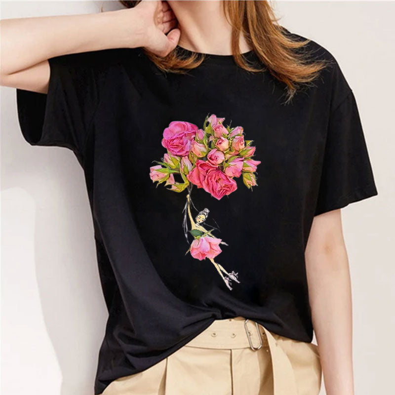 Style B：Beautiful Flowers Ladies Black T-shirt